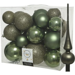 Set van 26x stuks kunststof kerstballen incl. glazen piek mat mosgroen - Kerstbal