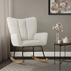 Schommelstoel met armleuningen in badstof beige tot 120 kg Houten schommelstoel Relaxfauteuil