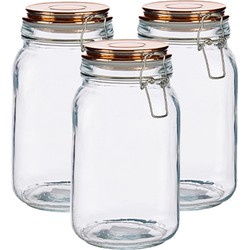 Set van 3x stuks glazen luxe keuken voorraadpotten/voorraadbussen met klepdeksel koper 1500 ml - Voorraadpot