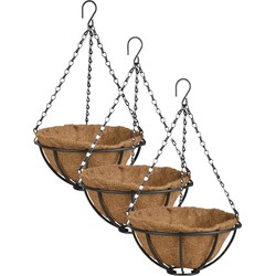 3x stuks metalen hanging baskets / plantenbakken met ketting 25 cm inclusief kokosinlegvel - Plantenbakken