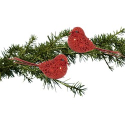 2x stuks decoratie vogels op clip glitter rood 12 cm - Kersthangers