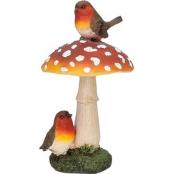 Paddenstoel beeldje met roodborstjes - tuin en huis herfstdecoratie - 16 cm - polyresin - Tuinbeelden