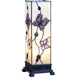 LumiLamp Tiffany Tafellamp  12x12x35 cm  Wit Roze Glas Rechthoek Vlinder Tiffany Bureaulamp