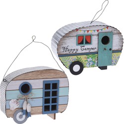 Set van 2x stuks houten vogel voeder huisjes voor pindas/vetbollen caravan blauw en wit - Vogelvoederhuisjes