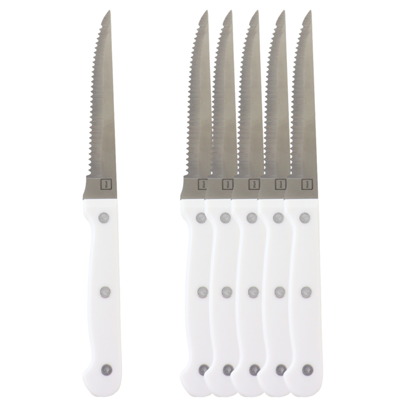 OTIX Steakmessen - Set van 6 Stuks - Wit - Vaatwasserbestendig - Kartelmessen - 21x2x1,5cm - Steakmessenset - RVS - Vleesmessen - 