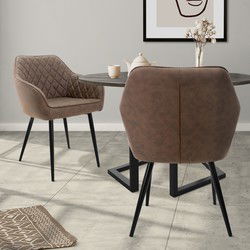 Eetkamerstoel set van 2 diamant doorgestikte bruine kunstleren bekleding met metalen poten & armleuningen incl. montagemateriaal ML-Design