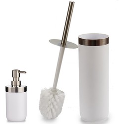 WC-/toiletborstel en houder 38 cm met zeeppompje 350 ml wit/zilver - Badkameraccessoireset