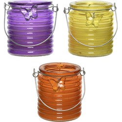 Citronella windlicht met kaars - 3x - paars/geel en oranje - 20 branduren - citrusgeur - geurkaarsen