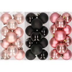 36x stuks kunststof kerstballen mix van lichtroze, zwart en oudroze 6 cm - Kerstbal