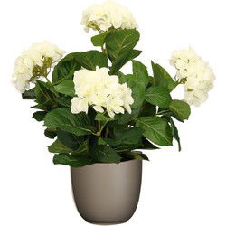 Hortensia kunstplant/kunstbloemen 45 cm - wit - in pot taupe mat - Kunstplanten
