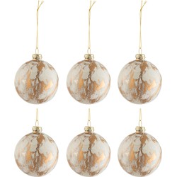 J-line - Doos Van 6 Kerstballen Marmerlook Glas Wit/goud Small - 8.5x8.5x10cm