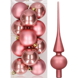 Set van 12x stuks kunststof kerstballen 6 cm inclusief glazen piek lichtroze - Kerstbal