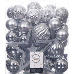 Set van 55x stuks kunststof kerstballen incl. ster piek zilver - Kerstbal