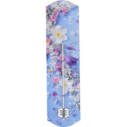 Alma Garden Binnen/buiten thermometer met lentebloemen print - blauw - metaal - 29 x 6.5 cm - Buitenthermometers