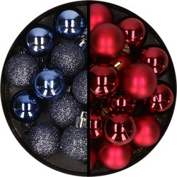 36x stuks kunststof kerstballen donkerblauw en donkerrood 3 en 4 cm - Kerstbal