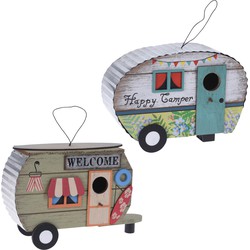 Set van 2x stuks houten vogel voeder huisjes voor pindas/vetbollen caravan wit en groen - Vogelvoederhuisjes