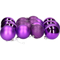 18x stuks kerstballen paars mix van mat/glans/glitter kunststof 8 cm - Kerstbal