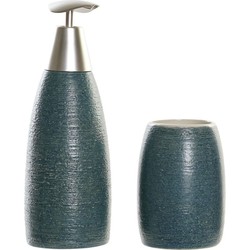 Badkamerset met zeeppompje en tandenborstel beker blauw/grijs polystone 11 cm - Badkameraccessoireset