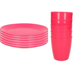 Kunststof ontbijt/diner 6x bordjes 26 cm en 5x bekertjes 300 ML set roze - Campingborden