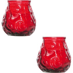2x Rode tafelkaarsen in glazen houders 7 cm brandduur 17 uur - Waxinelichtjes