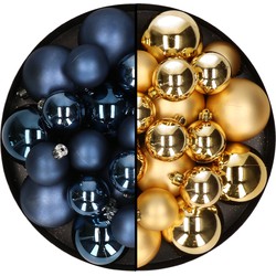 Kerstversiering kunststof kerstballen mix donkerblauw/goud 4-6-8 cm pakket van 68x stuks - Kerstbal