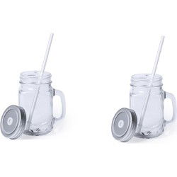 Mason Jar drinkbekers - 2x - glas - dop zilver met rietje - 500 ml - Drinkbekers