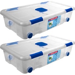 2x Opbergboxen/opbergdozen met deksel en wieltjes 30 liter kunststof transparant/blauw - Opbergbox