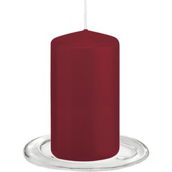 Trend Candles - Stompkaarsen met glazen onderzetters set van 2x stuks - bordeaux rood 6 x 12 cm - Stompkaarsen