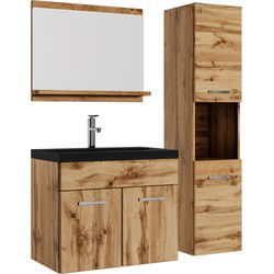 Badplaats Badkamermeubel Set Montreal 60 x 35 cm - Eiken - Badmeubel met spiegel en zijkast met Zwarte Wastafel