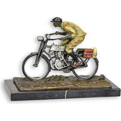 A BRONZE SCULPTURE OF A MAN ON A BIKE