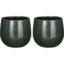 2x Stuks Plantenpot/bloempot keramiek donkergroen speels licht gevlekt patroon - D14/H12 cm - Plantenpotten