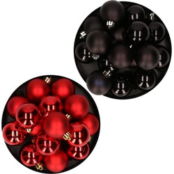 Kerstversiering kunststof kerstballen mix zwart/ rood 4 en 6 cm pakket van 80x stuks - Kerstbal