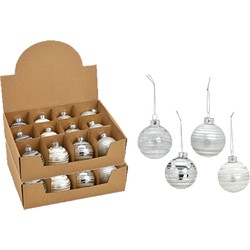 24x stuks luxe gedecoreerde glazen kerstballen zilver 6 cm - Kerstbal