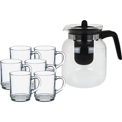 Glazen theepot met filter/infuser van 1,5 liter met 6x stuks theeglazen van 260 ml - Theepotten