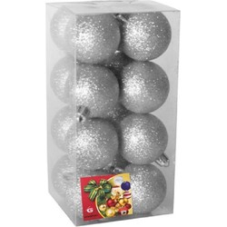 16x stuks kerstballen zilver glitters kunststof 5 cm - Kerstbal
