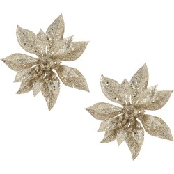 2x stuks decoratie bloemen kerstster champagne glitter op clip 15 cm - Kunstbloemen