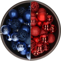 74x stuks kunststof kerstballen mix van rood en kobalt blauw 6 cm - Kerstbal