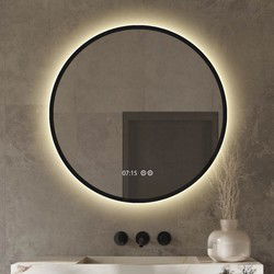 Badkamerspiegel Rond 60 cm Met Verlichting en Verwarming - Zwart Metalen Rand - Met Klok Weergave