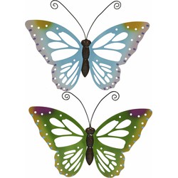 Set van 2x stuks tuindecoratie muur/wand vlinders van metaal in groen en blauw tinten 51 x 38 cm - Tuinbeelden
