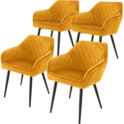 Set van 4 eetkamerstoelen met rugleuning & armleuningen mosterdgele fluwelen bekleding met metalen poten ML design