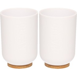 Badkamer beker/tandenborstel houder - 2x - wit - kunststof/bamboe - Badkameraccessoireset