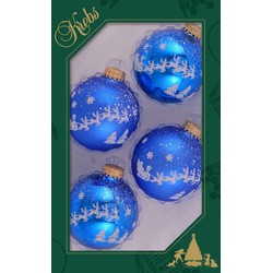 4x stuks luxe glazen kerstballen 7 cm blauw met witte slee - Kerstbal