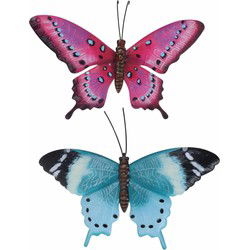 Vlinders - 2x - Metaal - Blauw/Roze - 35 x 24 cm - Muurdecoratie - Tuinbeelden