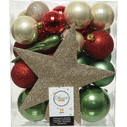 Decoris kerstballen - 33x st incl. ster piek - champagne/rood/groen - kunststof - Kerstbal