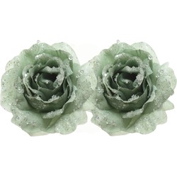 2x Kerstboomversiering/kerstornamenten groene rozen op clip 14 cm - Kunstbloemen
