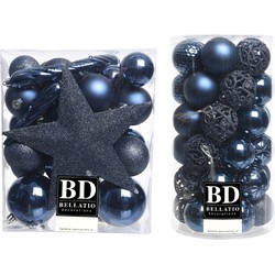 70x stuks kunststof kerstballen met ster piek donkerblauw mix - Kerstbal