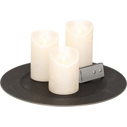 Ronde kaarsenplateau zwart van kunststof D33 cm met 3 parel witte LED-kaarsen 10/12,5/15 cm - Kaarsenplateaus