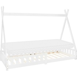 Kinderbed Tipi 90x200 cm wit gemaakt van dennenhout incl. matras H-10cm uitvalbescherming en lattenbodem ML-Design