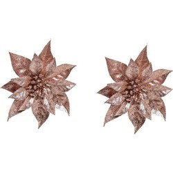 2x Kerstversieringen kerststerren bloemen oud roze op clip - Kersthangers