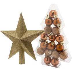 17x stuks kerstballen koper 3 cm inclusief ster piek goud kunststof - Kerstbal